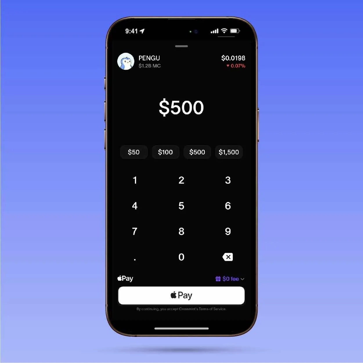 fomo Apple Pay checkout on a meme-style token with preset dollar sizes and Crossmint terms