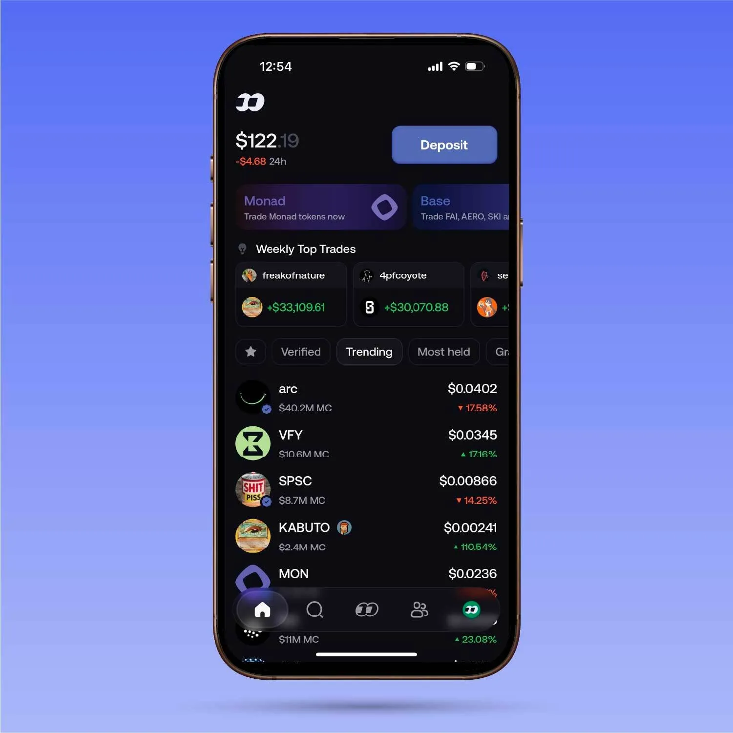 Fomo home screen showing trending token rows